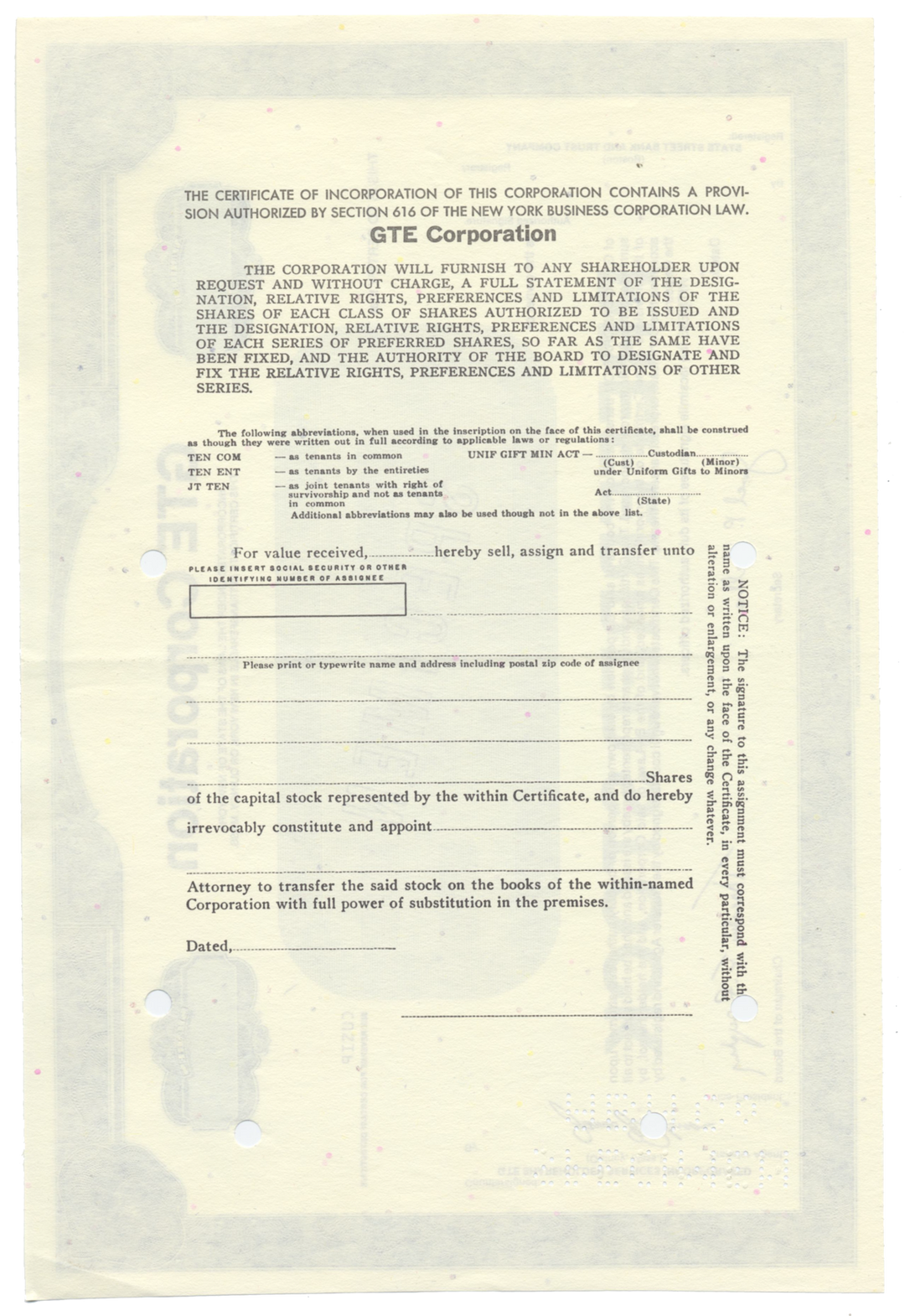 GTE Corporation Specimen Stock Certificate