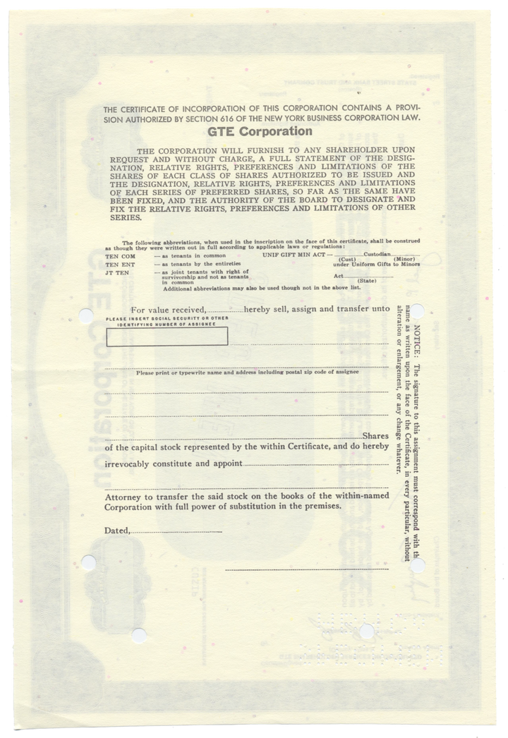 GTE Corporation Specimen Stock Certificate