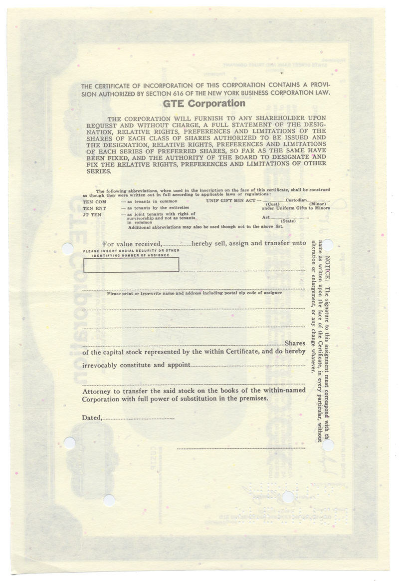 GTE Corporation Specimen Stock Certificate