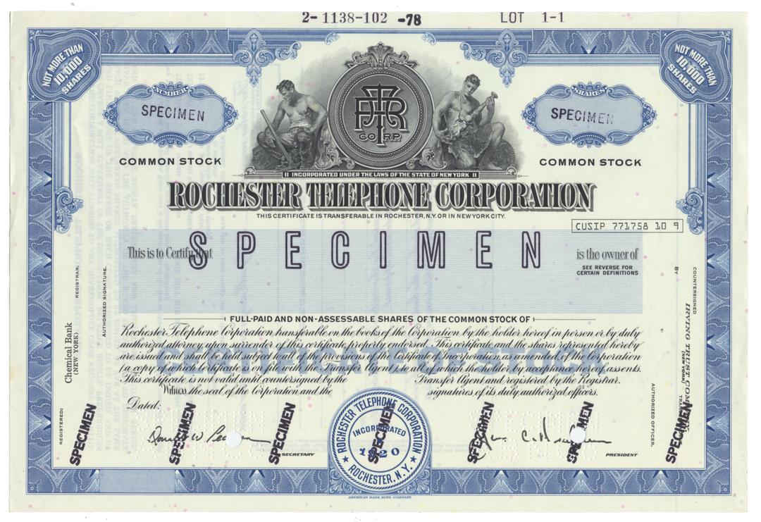 Rochester Telephone Corporation Specimen Stock Certificate