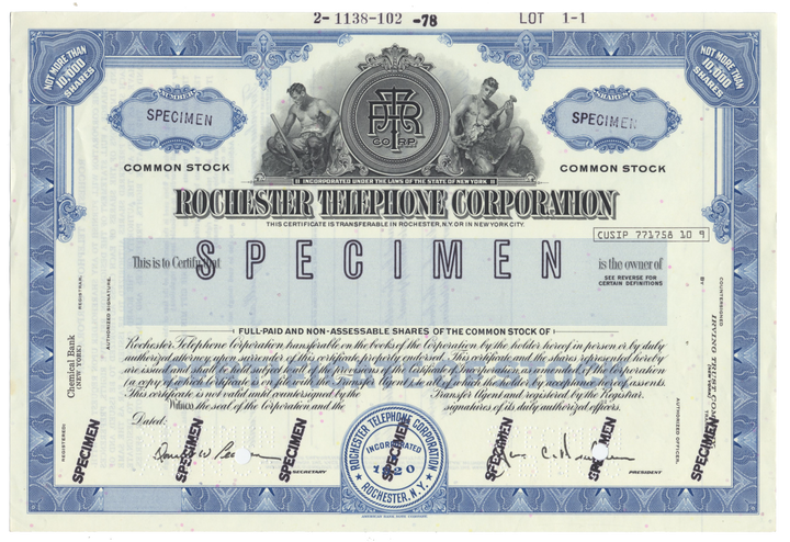 Rochester Telephone Corporation Specimen Stock Certificate