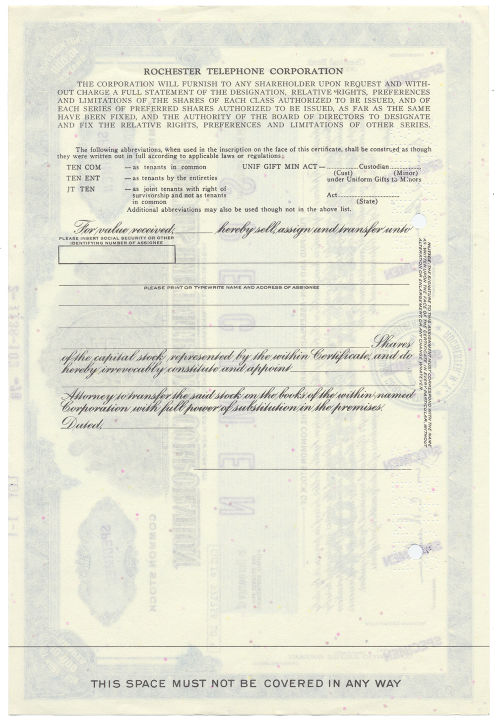 Rochester Telephone Corporation Specimen Stock Certificate