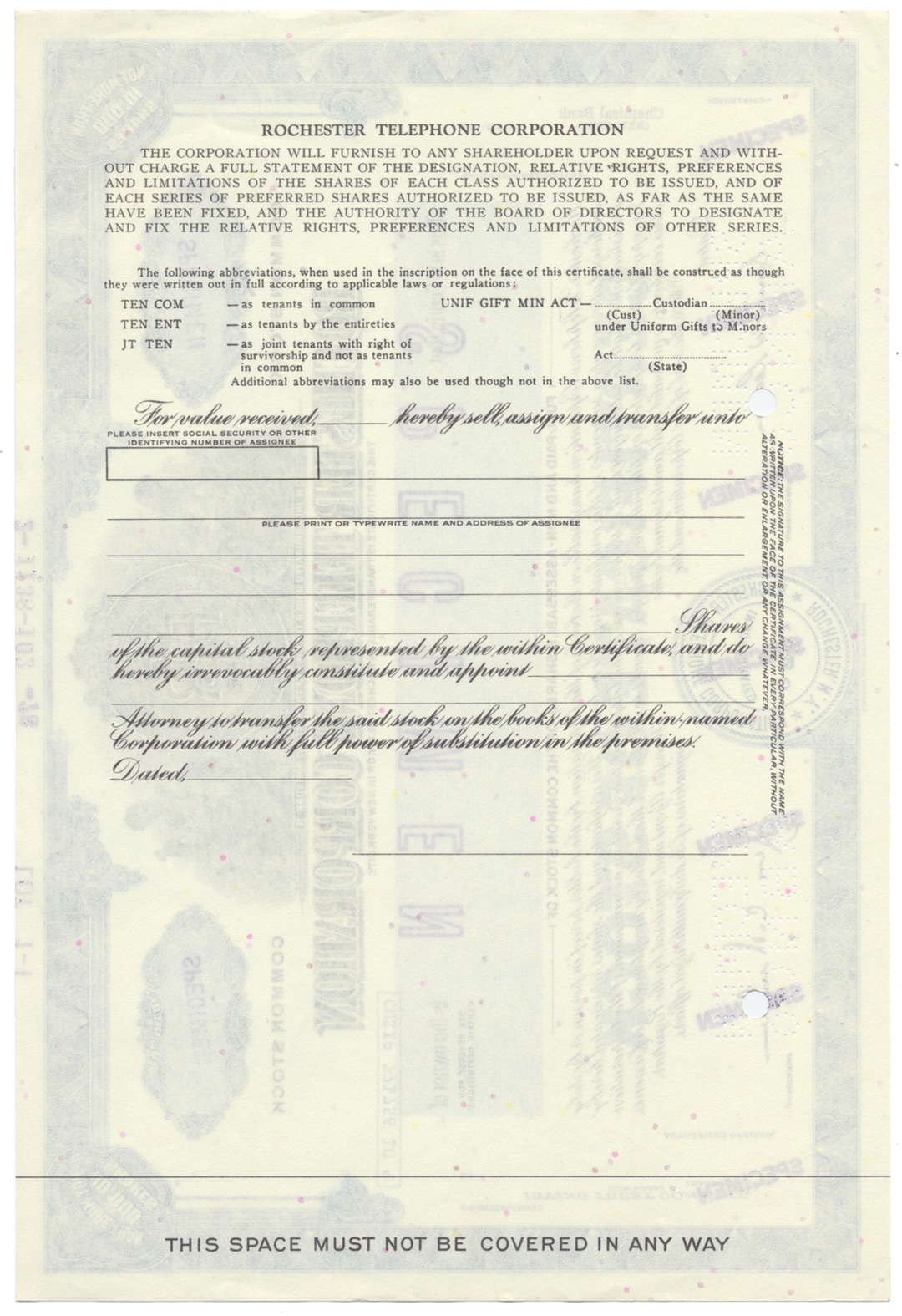 Rochester Telephone Corporation Specimen Stock Certificate