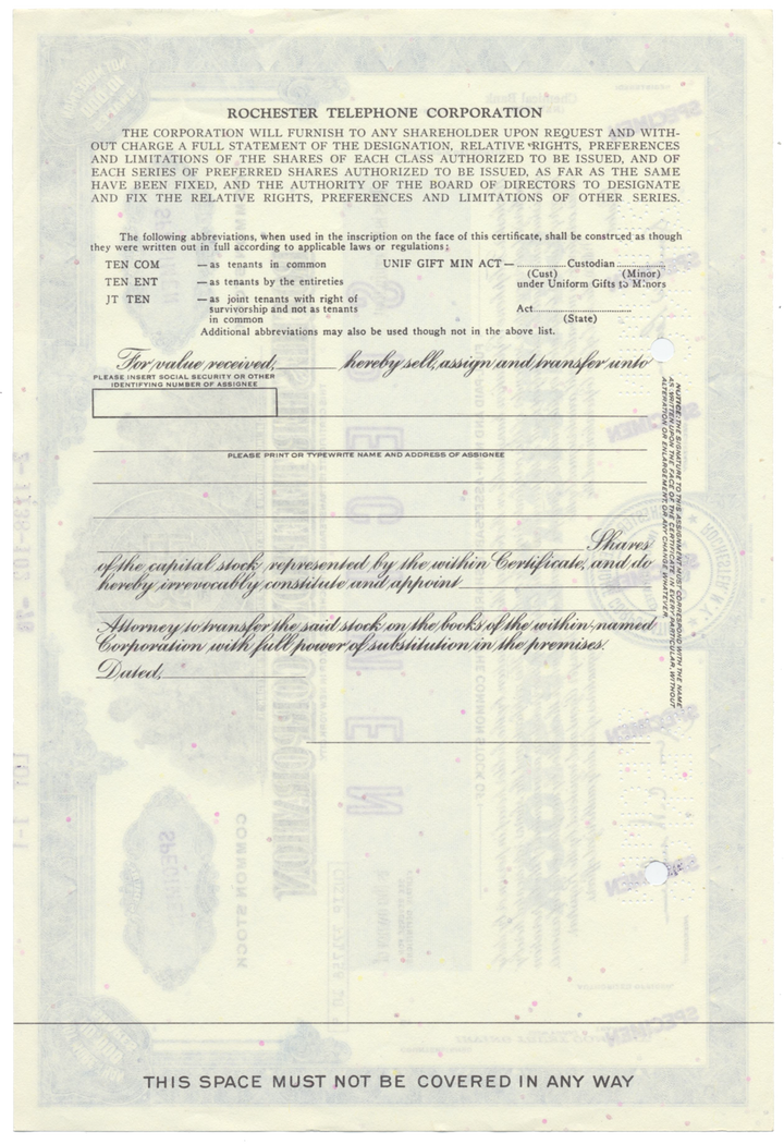 Rochester Telephone Corporation Specimen Stock Certificate