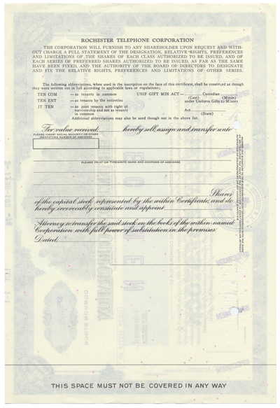 Rochester Telephone Corporation Specimen Stock Certificate
