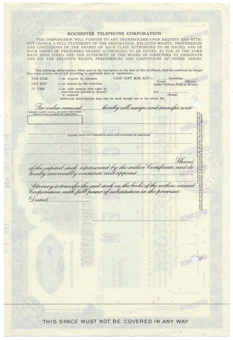 Rochester Telephone Corporation Specimen Stock Certificate
