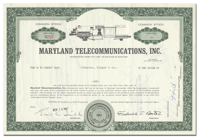 Maryland Telecommunications, Inc. Stock Certificate