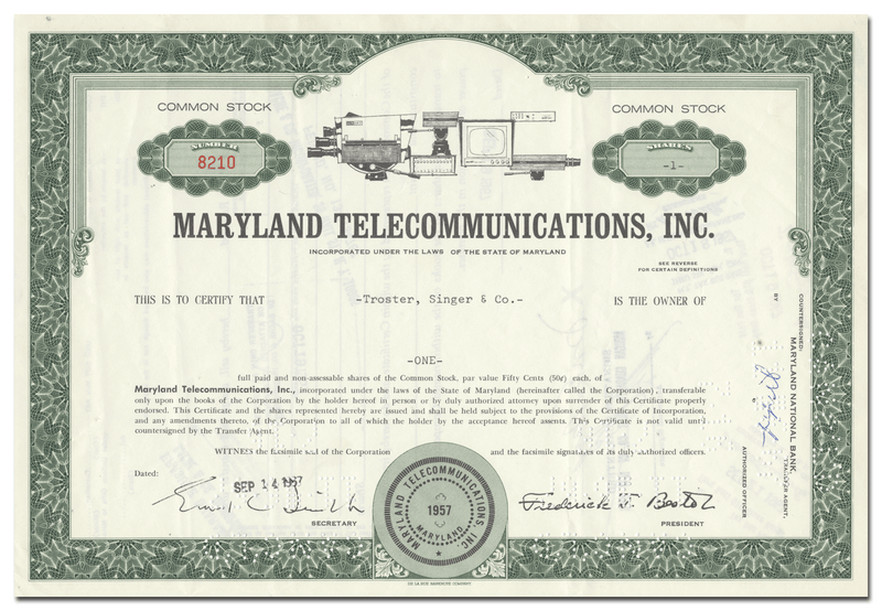 Maryland Telecommunications, Inc. Stock Certificate