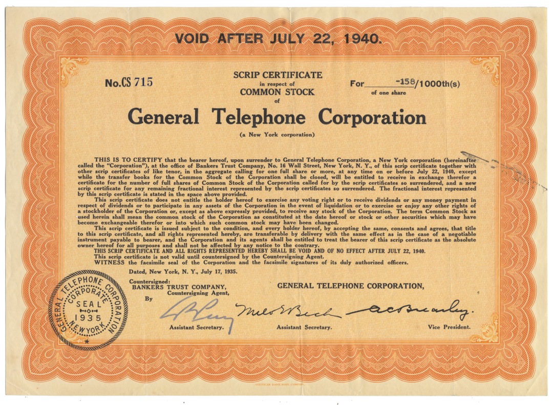 General Telephone & Electronics Corporation (GTE) Stock Certificate