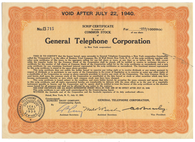 General Telephone & Electronics Corporation (GTE) Stock Certificate