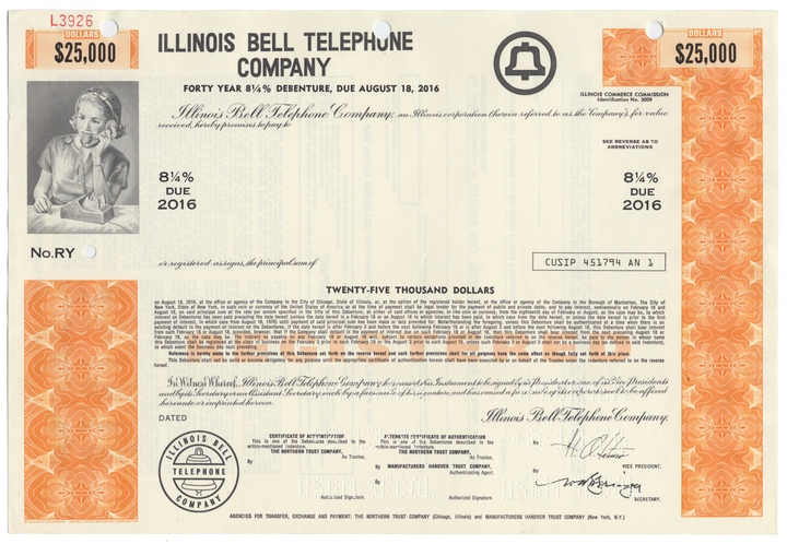 Illinois Bell Telephone Company Specimen Bond Certificate