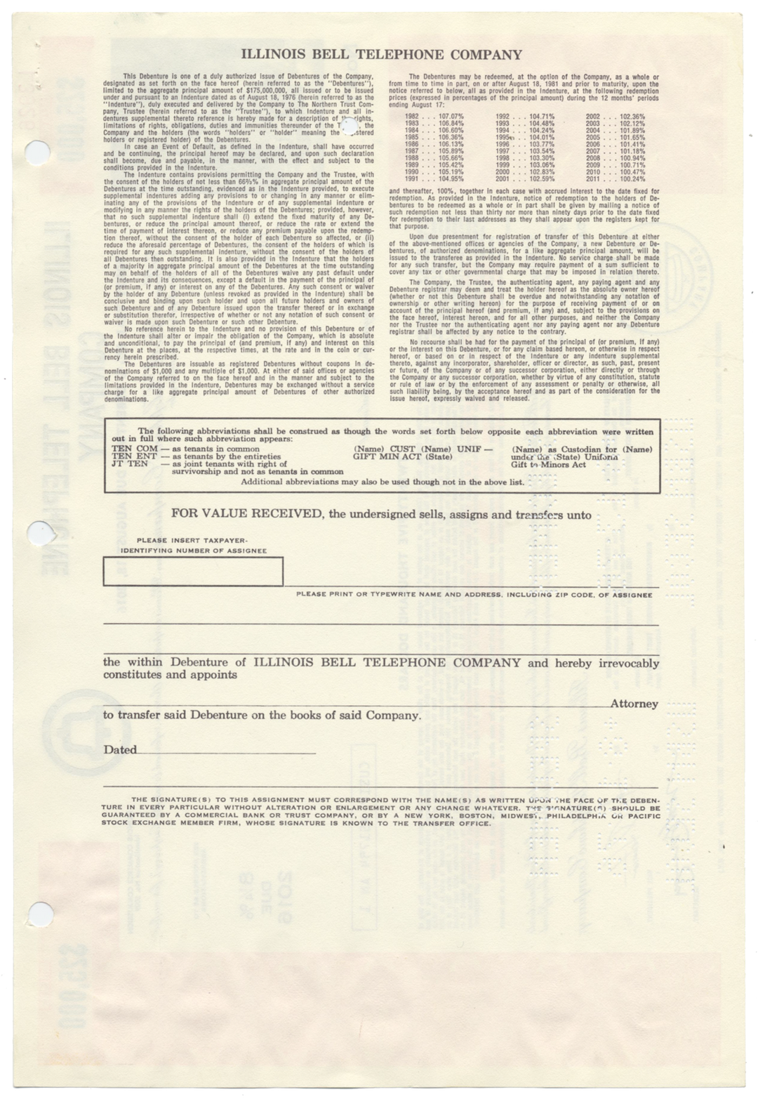 Illinois Bell Telephone Company Specimen Bond Certificate