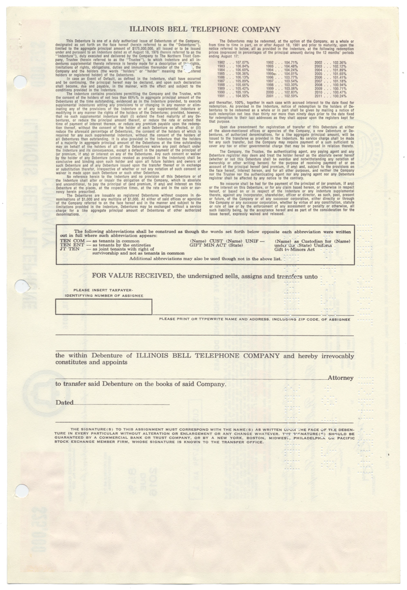 Illinois Bell Telephone Company Specimen Bond Certificate