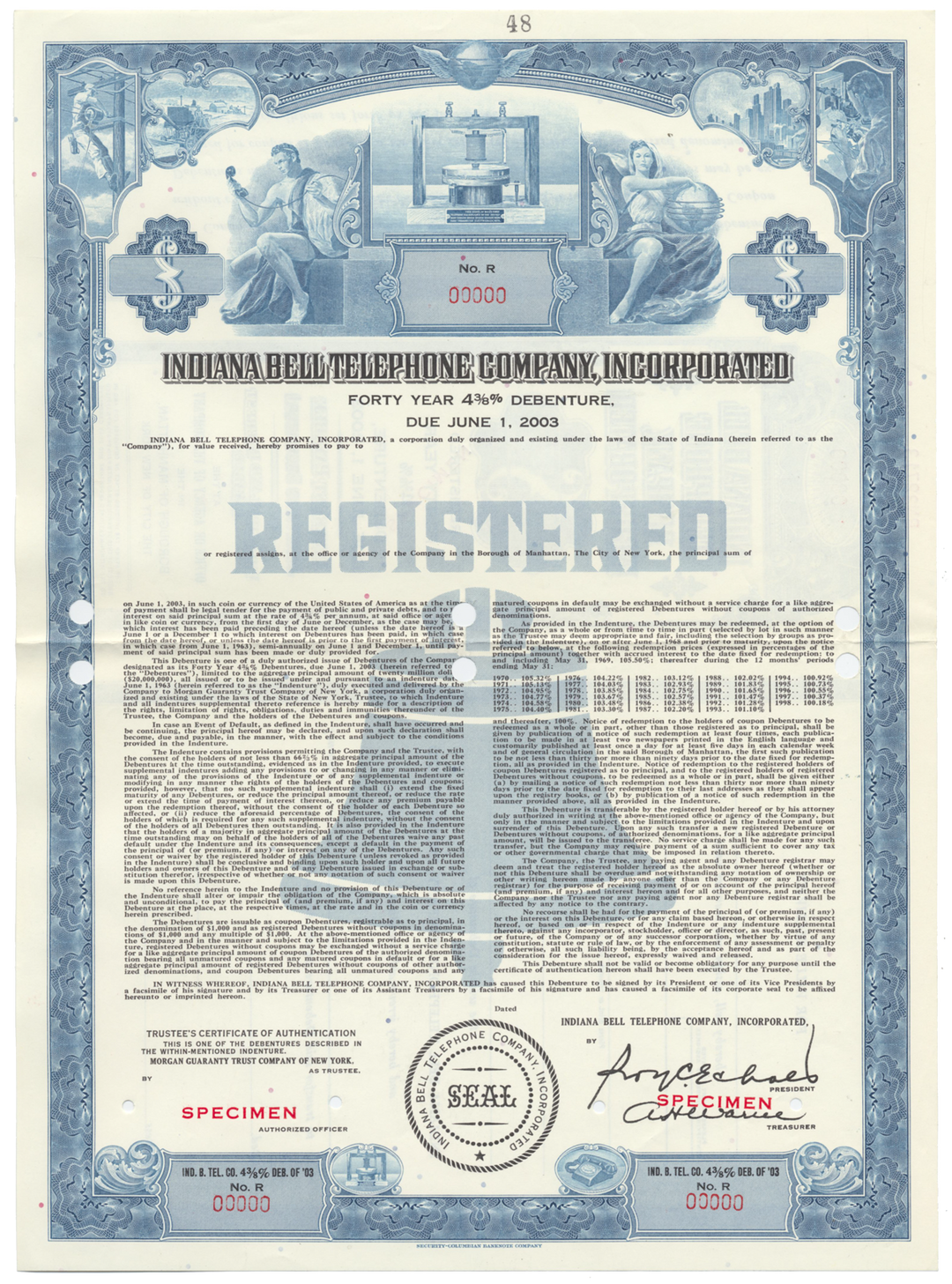 Indiana Bell Telephone Company, Incorporated Bond Certificate