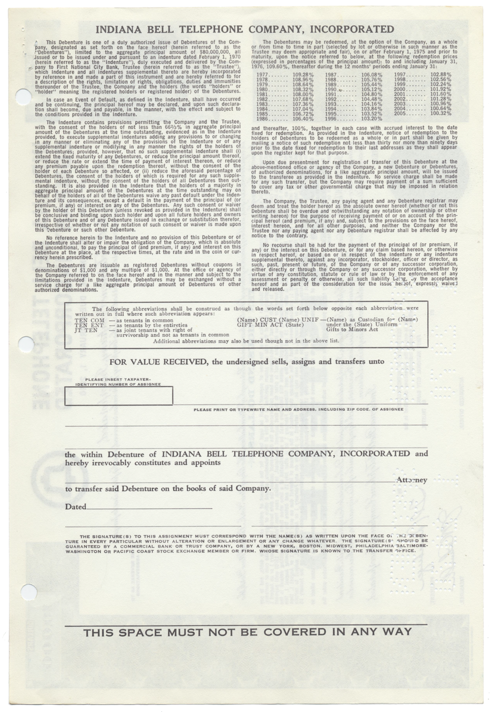 Indiana Bell Telephone Company, Incorporated Specimen Bond Certificate