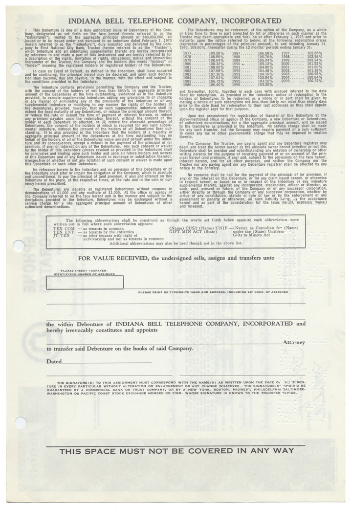 Indiana Bell Telephone Company, Incorporated Specimen Bond Certificate