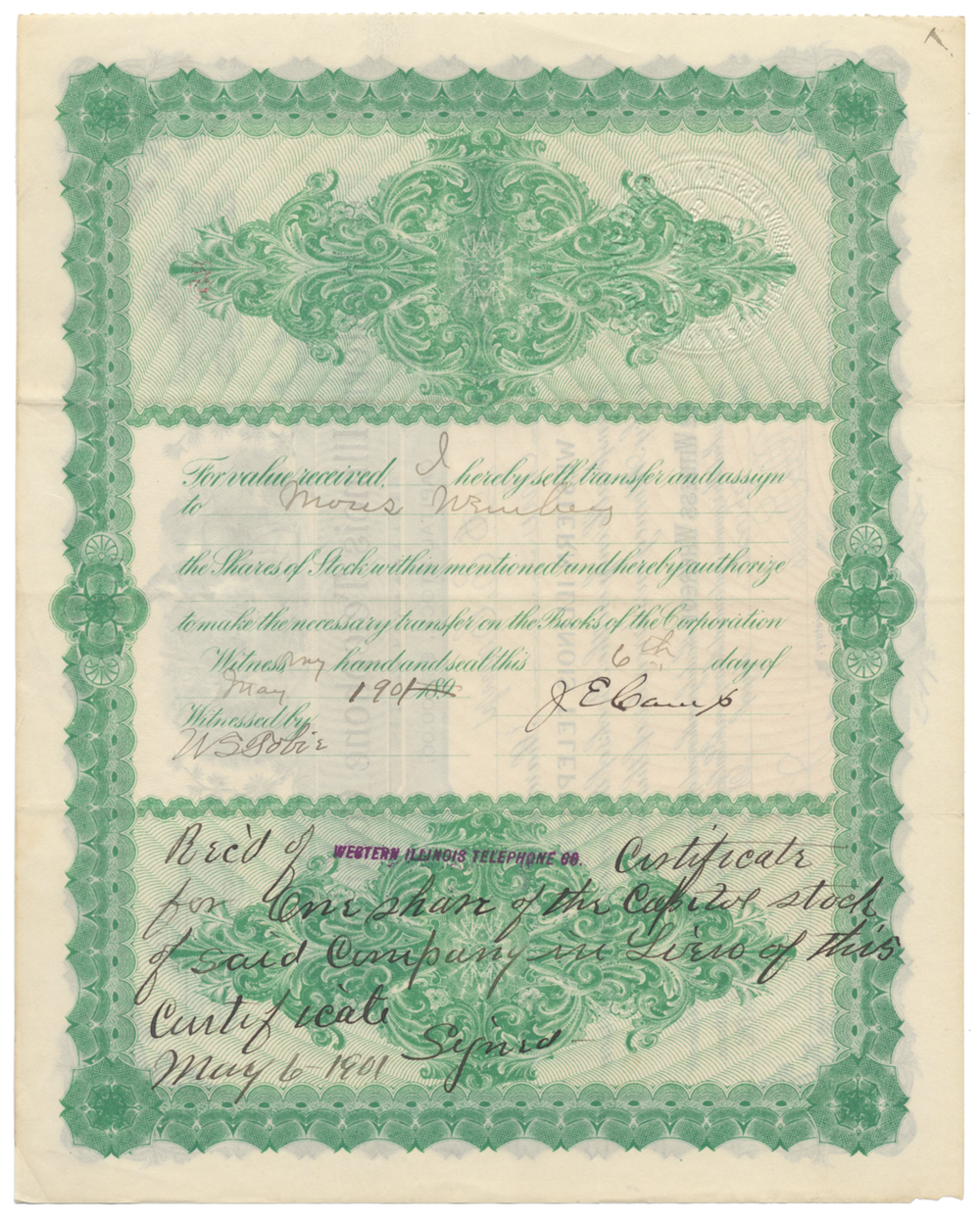 Western Illinois Telephone Company Stock Certificate