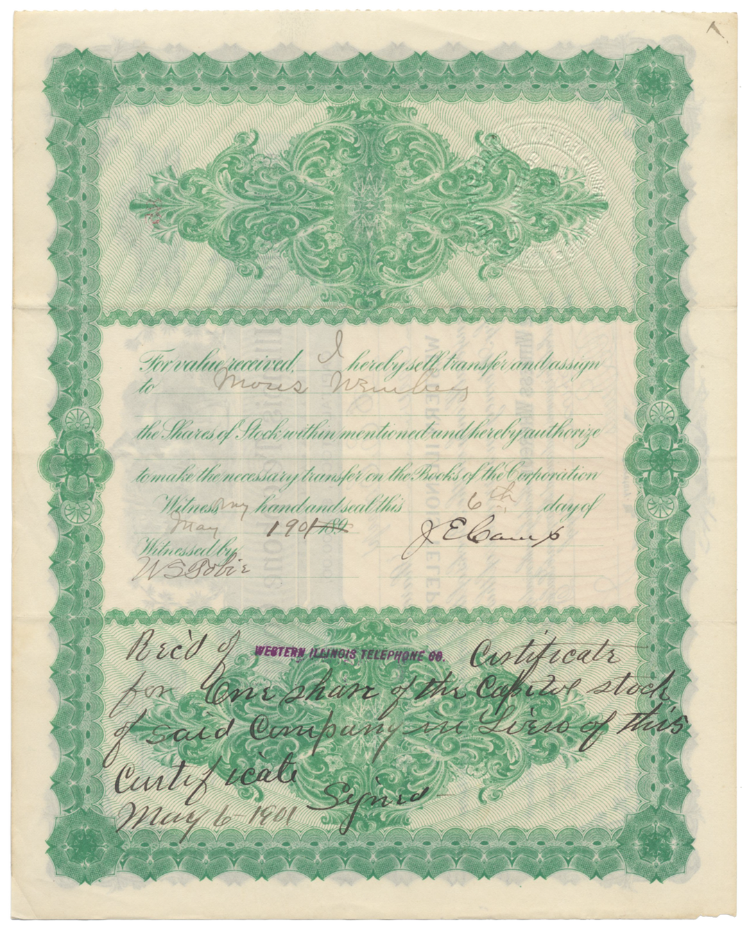 Western Illinois Telephone Company Stock Certificate