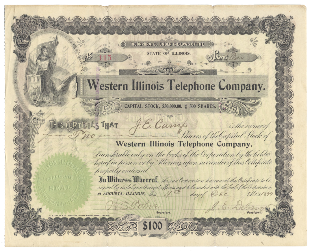 Western Illinois Telephone Company Stock Certificate