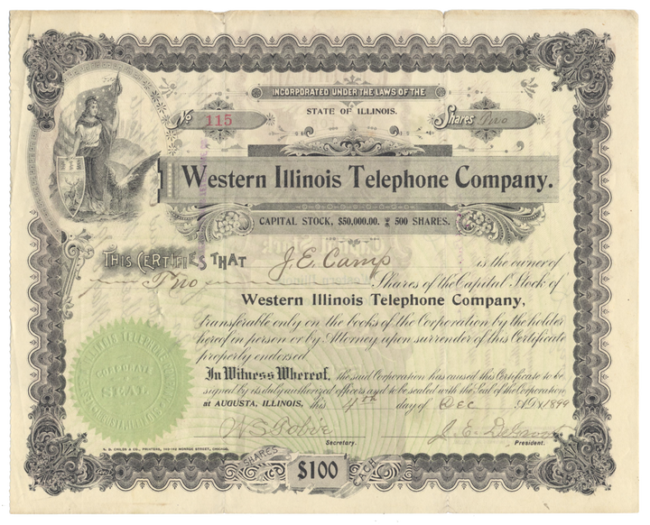 Western Illinois Telephone Company Stock Certificate