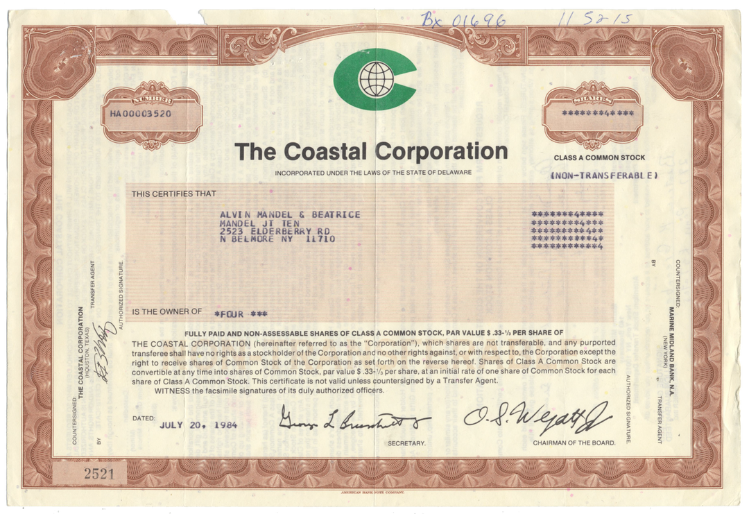 Coastal Corporation Stock Certificate