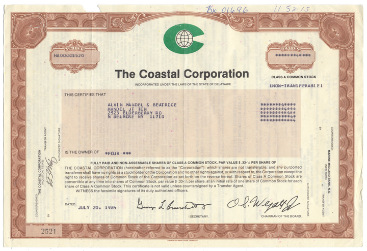 Coastal Corporation Stock Certificate