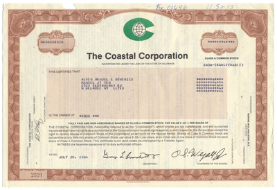 Coastal Corporation Stock Certificate