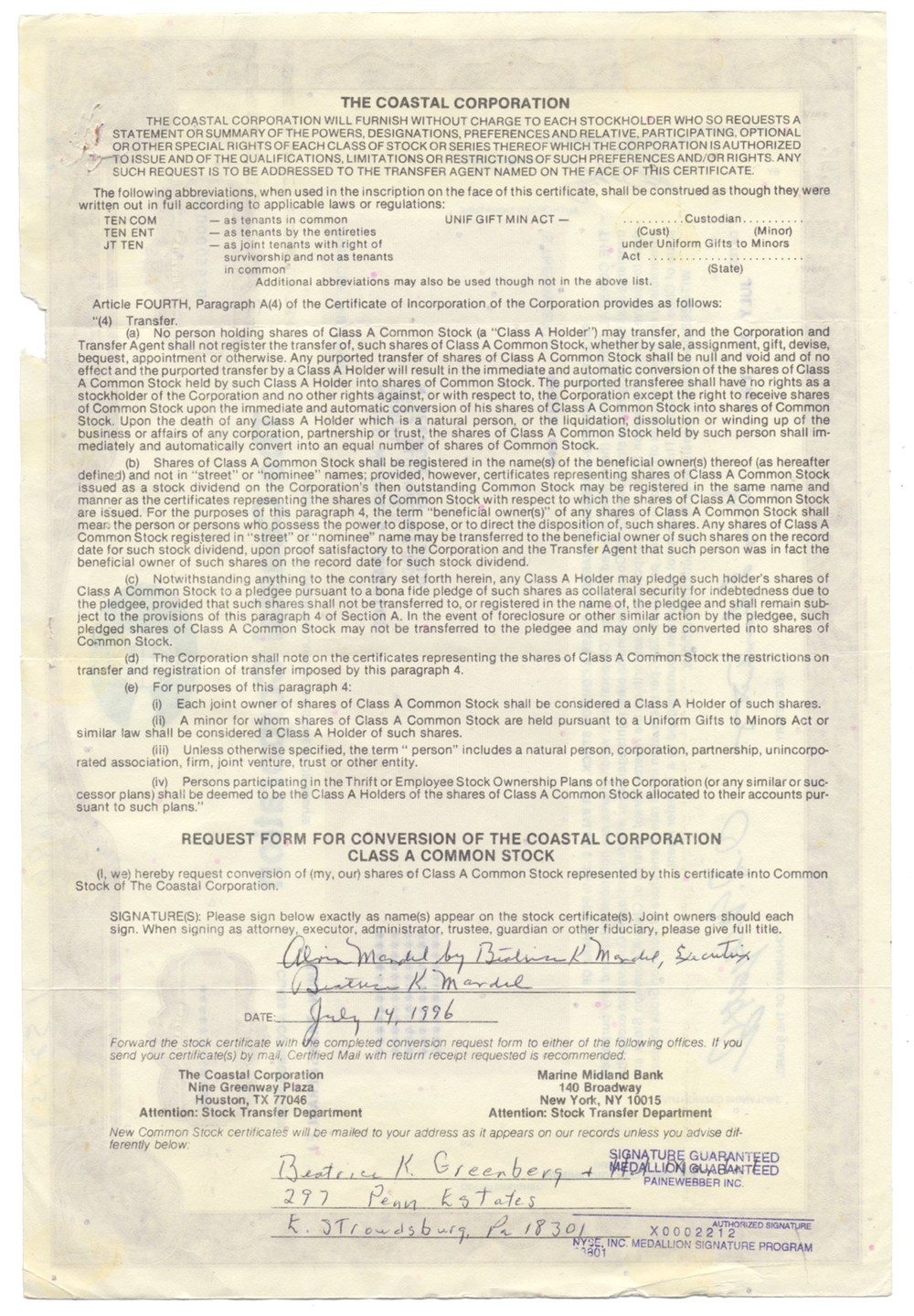 Coastal Corporation Stock Certificate