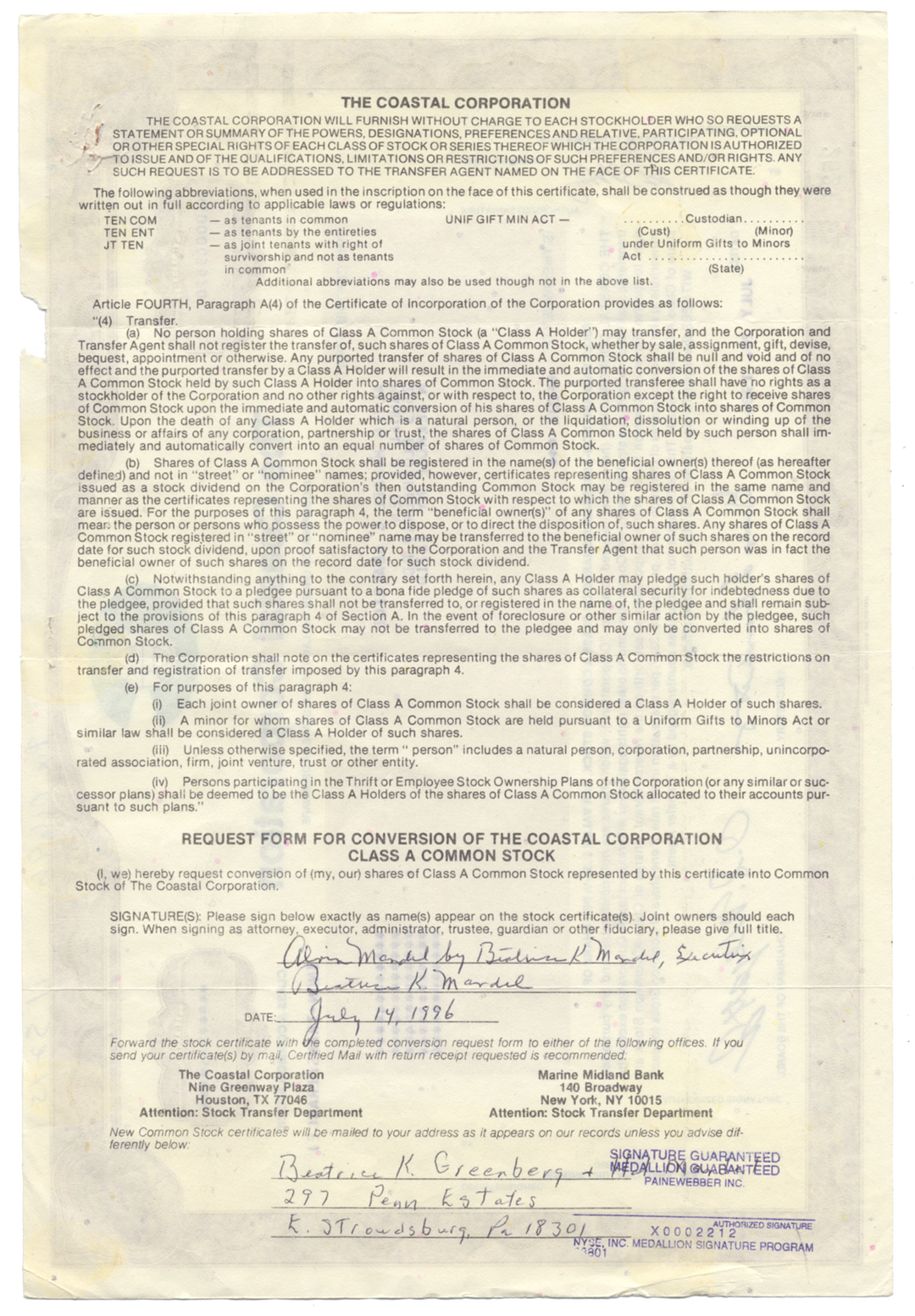 Coastal Corporation Stock Certificate