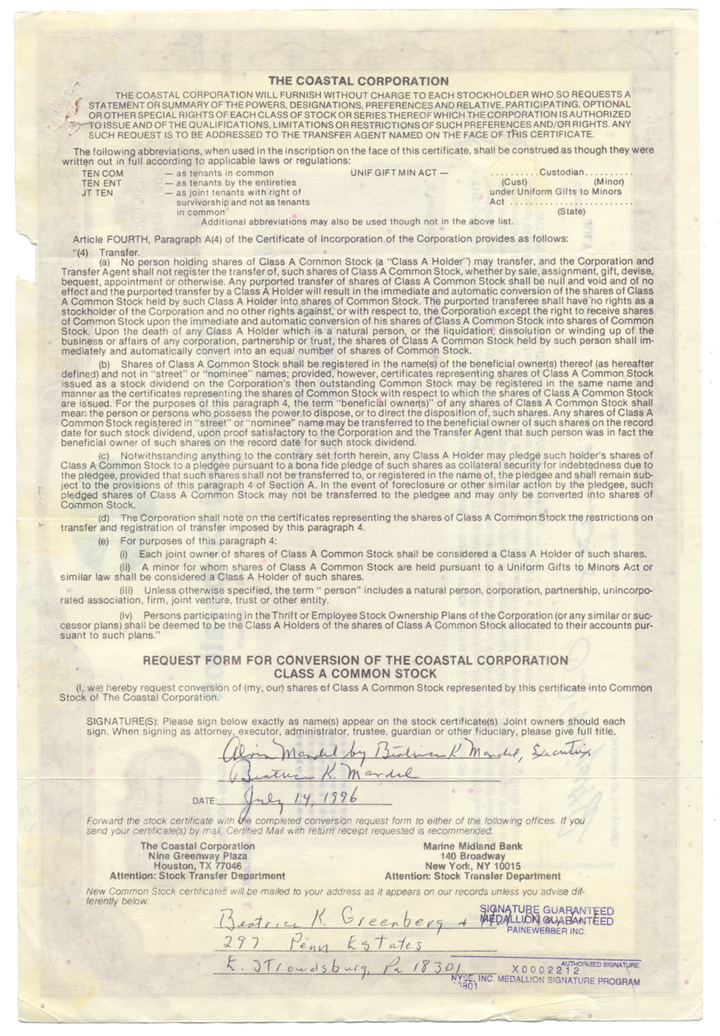 Coastal Corporation Stock Certificate