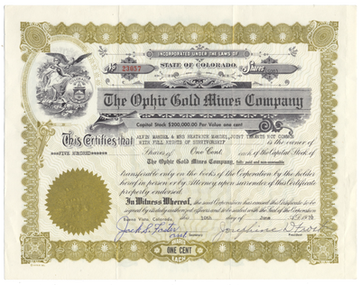 Ophir Gold Mines Company Stock Certificate
