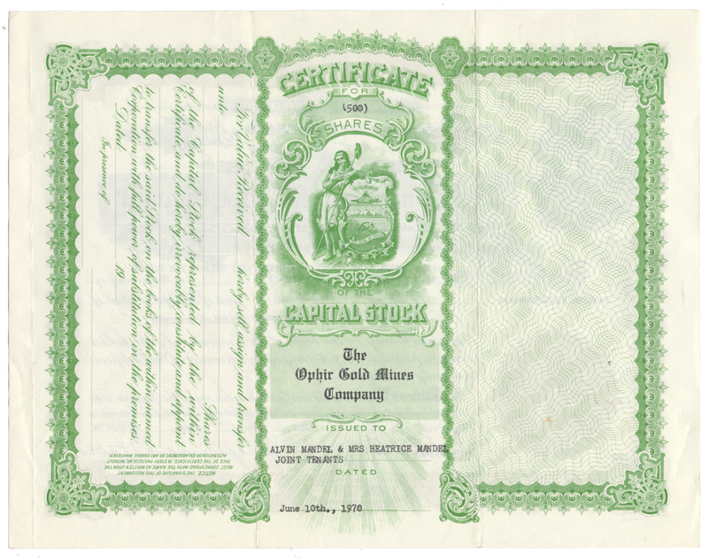 Ophir Gold Mines Company Stock Certificate