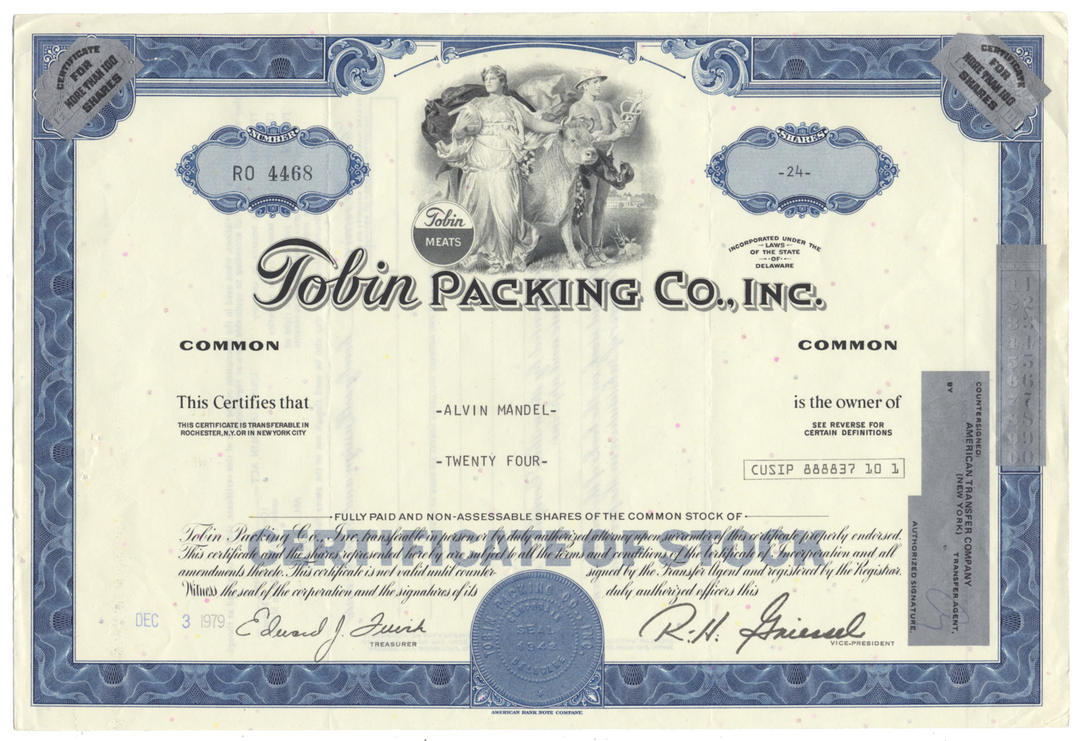 Tobin Packing Co., Inc. Stock Certificate