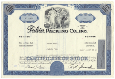 Tobin Packing Co., Inc. Stock Certificate