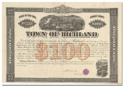 Richland, New York Bond Certificate in Aid of the Syracuse Northern Railroad Company