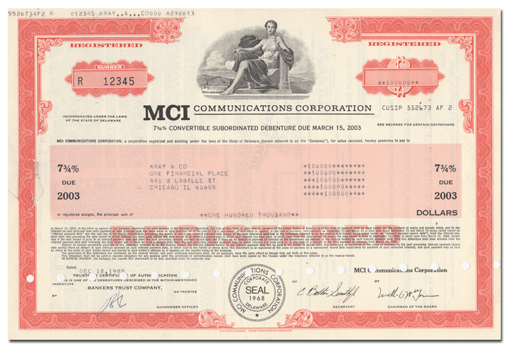 MCI Communications Corporation Bond Certificate