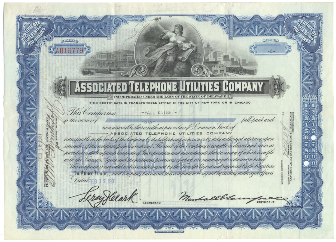 Associated Telephone Utilities Company Stock Certificate