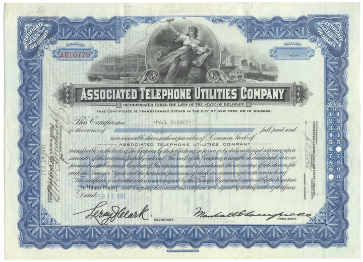 Associated Telephone Utilities Company Stock Certificate