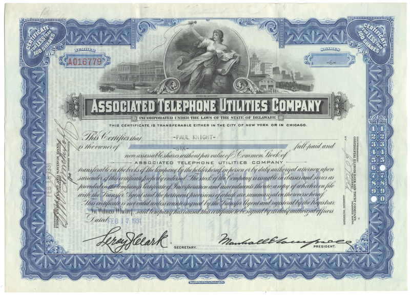 Associated Telephone Utilities Company Stock Certificate