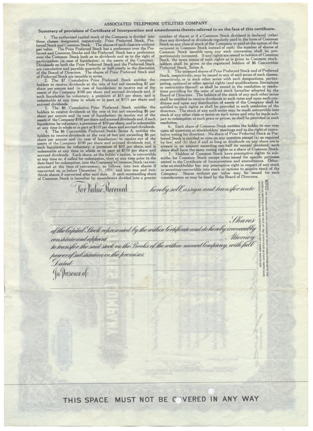 Associated Telephone Utilities Company Stock Certificate