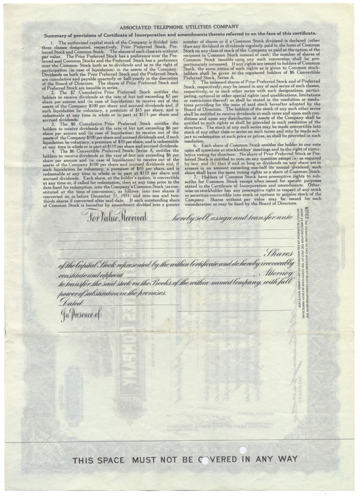 Associated Telephone Utilities Company Stock Certificate