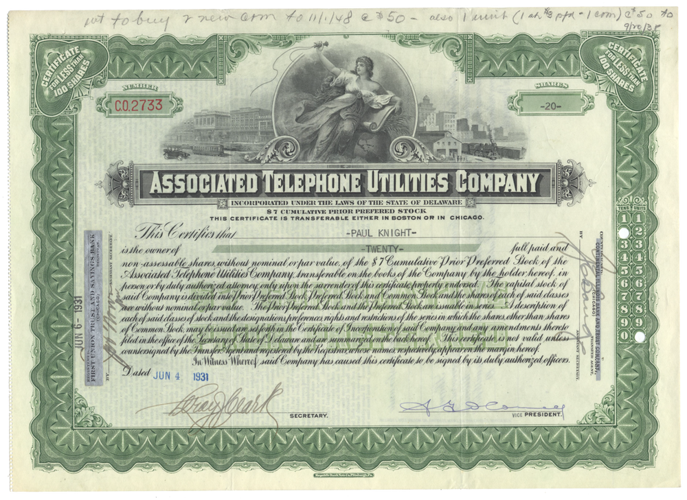 Associated Telephone Utilities Company Stock Certificate