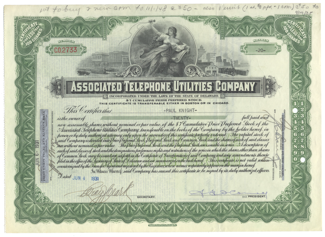 Associated Telephone Utilities Company Stock Certificate