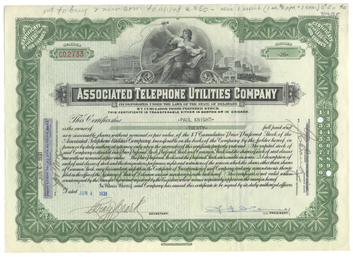 Associated Telephone Utilities Company Stock Certificate