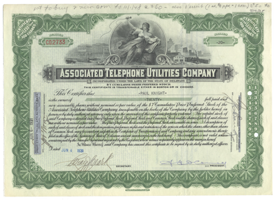 Associated Telephone Utilities Company Stock Certificate