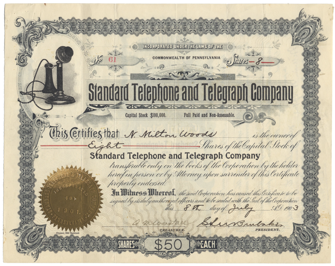 Standard Telephone and Telegraph Company Stock Certificate