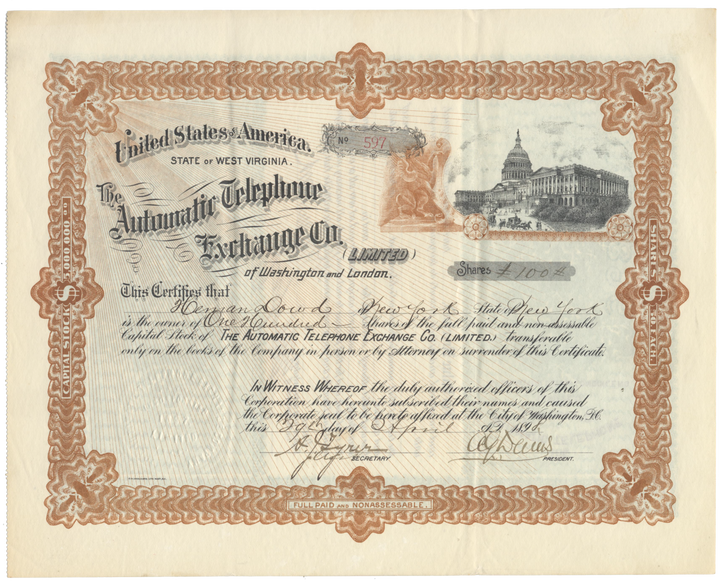 Automatic Telephone Exchange Co. Stock Certificate