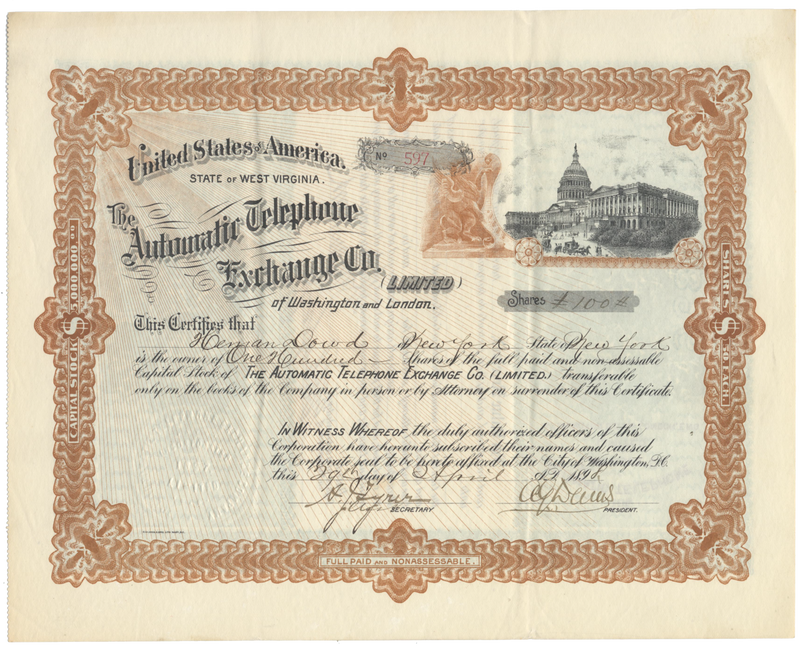 Automatic Telephone Exchange Co. Stock Certificate