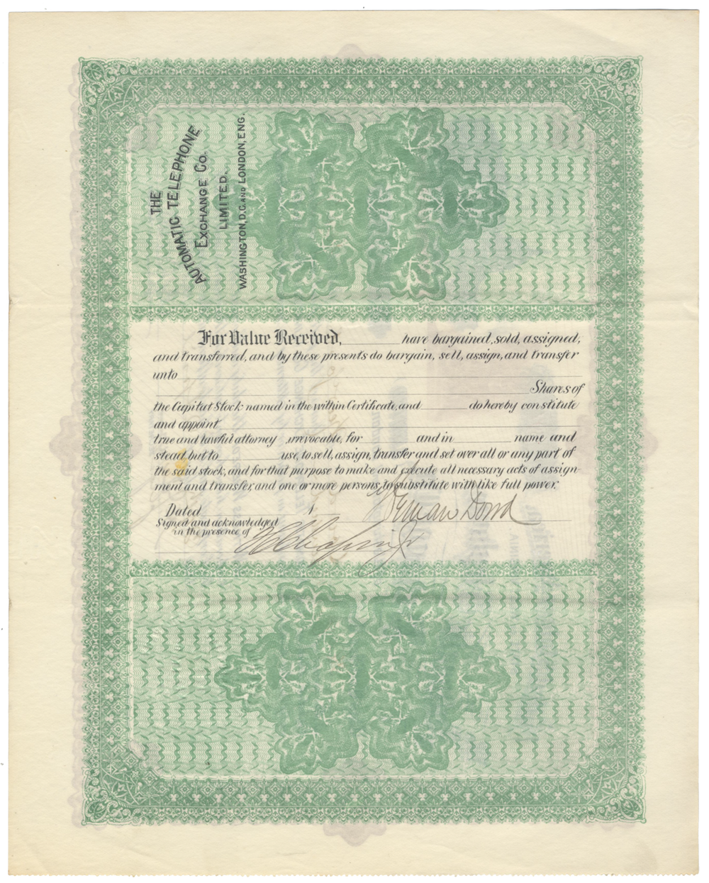 Automatic Telephone Exchange Co. Stock Certificate