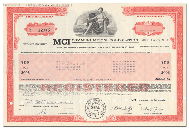 MCI Communications Corporation Bond Certificate